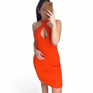 NWT Boutique Editorial Halter Knit Orange Bodycon Ribbed Mini Dress Size S